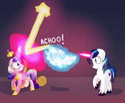 Size: 2389x1980 | Tagged: safe, artist:andromedasparkz, princess cadance, princess flurry heart, shining armor, alicorn, pony, unicorn, female, foal, laser, magic, magic aura, male, mare, newbie artist training grounds, shield, sneezing, stallion