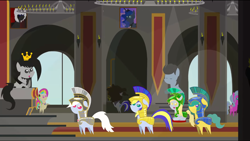 Size: 1360x768 | Tagged: safe, artist:calena, artist:sunny4sunnly, artist:zuruck, derpy hooves, princess luna, oc, oc:trinity deblanc, alicorn, pony, crown, jewelry, knight derpy, pointy ponies, regalia, throne, youtube link