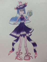 Size: 2448x3264 | Tagged: safe, artist:lizzyisme, derpibooru import, twilight sparkle, equestria girls, book, clothes, crossover, dress, holding, mismagius, pokémon, smiling, smirk, traditional art