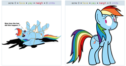 Size: 531x276 | Tagged: safe, rainbow dash, pegasus, pony, blue coat, exploitable meme, female, juxtaposition, juxtaposition win, mare, multicolored mane, solo