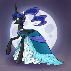 Size: 750x750 | Tagged: safe, artist:cosmalumi, nightmare moon, alicorn, pony, clothes, dress, female, mare, smiling, solo