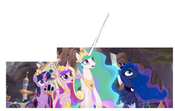 Size: 1539x971 | Tagged: safe, edit, edited screencap, screencap, princess cadance, princess celestia, princess luna, twilight sparkle, twilight sparkle (alicorn), alicorn, pony, my little pony: the movie, alicorn tetrarchy, canterlot, impossibly large horn