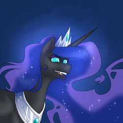 Size: 750x750 | Tagged: safe, artist:cosmalumi, nightmare moon, alicorn, pony, crown, fangs, female, jewelry, mare, regalia, slit eyes, smiling, solo