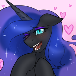 Size: 750x750 | Tagged: safe, artist:cosmalumi, nightmare moon, alicorn, pony, blushing, ethereal mane, fangs, female, floppy ears, heart, looking at you, mare, one eye closed, smiling, solo, starry mane, wink