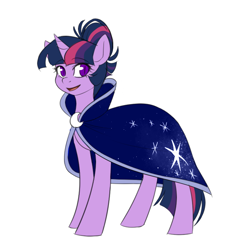 Size: 750x750 | Tagged: safe, artist:cosmalumi, twilight sparkle, unicorn twilight, pony, unicorn, alternate hairstyle, cape, clothes, female, hair bun, looking at you, mare, simple background, slit eyes, smiling, solo, white background