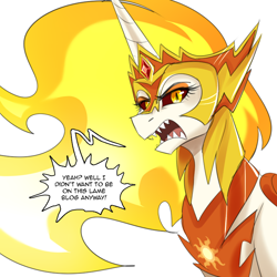 Size: 750x750 | Tagged: safe, artist:cosmalumi, daybreaker, alicorn, angry, dialogue, female, helmet, looking at you, mare, sharp teeth, simple background, solo, speech bubble, teeth, tsundere