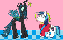 Size: 2000x1252 | Tagged: safe, artist:logan jones, queen chrysalis, shining armor, changeling, changeling queen, pony, unicorn, a canterlot wedding, alternate scenario, disgusted, dispelling, exclamation point, female, interrobang, male, question mark, shocked, this will not end well