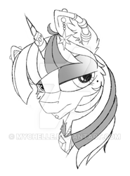 Size: 400x541 | Tagged: safe, artist:mychelle, twilight sparkle, pony, alicorn amulet, bust, ear piercing, earring, goth, jewelry, monochrome, piercing, portrait, solo, watermark