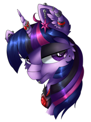 Size: 1024x1371 | Tagged: safe, artist:mychelle, twilight sparkle, pony, alicorn amulet, bust, ear piercing, earring, goth, horn ring, jewelry, piercing, portrait, simple background, solo, transparent background