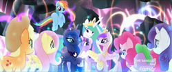 Size: 1920x808 | Tagged: safe, screencap, applejack, fluttershy, pinkie pie, princess cadance, princess celestia, princess luna, rainbow dash, rarity, spike, twilight sparkle, twilight sparkle (alicorn), alicorn, dragon, earth pony, pegasus, pony, unicorn, my little pony: the movie, alicorn tetrarchy, cute, discovery family logo, hug, mane six, momlestia, smiling, the making of my little pony movie