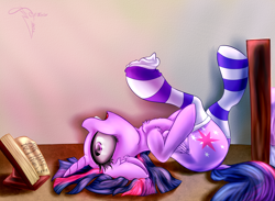 Size: 3000x2200 | Tagged: safe, artist:ferasor, derpibooru import, twilight sparkle, twilight sparkle (alicorn), alicorn, pony, book, chest fluff, clothes, dressing, female, mare, on back, reading, socks, solo, striped socks