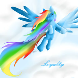 Size: 600x600 | Tagged: safe, artist:yuukon, rainbow dash, pegasus, pony, blue coat, female, loyalty, mare, multicolored mane