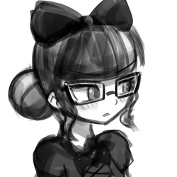 Size: 750x750 | Tagged: safe, artist:lumineko, derpibooru import, sci-twi, twilight sparkle, equestria girls, blushing, cute, glasses, gothic lolita, grayscale, lolita fashion, monochrome, ribbon, solo, twiabetes