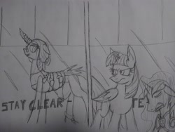 Size: 2560x1920 | Tagged: safe, artist:derpanater, queen chrysalis, shining armor, twilight sparkle, twilight sparkle (alicorn), alicorn, changeling, changeling queen, pony, unicorn, fanfic:chrysalis visits the hague, angry, clothes, fanfic art, female, glass, glasses, levitation, magic, passed out, sleeping, telekinesis, traditional art