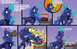 Size: 1600x1032 | Tagged: safe, artist:omny87, princess luna, alicorn, pony, adorkable, cake, comic, cooking, cute, dork, eyes closed, female, floppy ears, food, gradient background, hammer, hammerspace, hammerspace wings, levitation, lunabetes, magic, mallet, mare, messy, misunderstanding, mouth hold, open mouth, pan, pancakes, silluna, silly, silly pony, slice of life, smiling, solo, sound effects, spatula, spread wings, telekinesis, wings, you tried