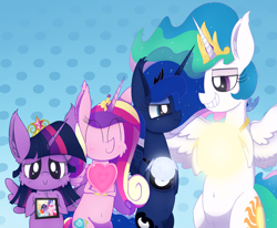 Size: 4327x3562 | Tagged: safe, artist:dragonpone, derpibooru exclusive, applejack, fluttershy, pinkie pie, princess cadance, princess celestia, princess luna, rainbow dash, rarity, twilight sparkle, twilight sparkle (alicorn), alicorn, earth pony, pegasus, pony, unicorn, alicorn tetrarchy, belly button, big crown thingy, bipedal, blushing, cheek fluff, chest fluff, ear fluff, eyes closed, female, grin, heart, jewelry, lesbian, lidded eyes, looking at each other, looking at you, mane six, moon, nose wrinkle, picture, picture frame, pouting, regalia, scrunchy face, shit eating grin, smiling, smug, spread wings, squint, sun, tangible heavenly object, true love princesses, twilunestiance, wings