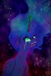 Size: 1024x1536 | Tagged: safe, artist:princess-lunestia, nightmare moon, princess luna, alicorn, pony, crying, fangs, female, floppy ears, fluffy, mare, open mouth, solo, starry mane