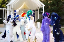 Size: 600x397 | Tagged: safe, derpibooru import, dj pon-3, princess celestia, princess luna, rainbow dash, rarity, twilight sparkle, vinyl scratch, human, clothes, cosplay, costume, fursuit, irl, irl human, photo