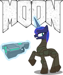 Size: 1176x1394 | Tagged: safe, artist:totallynotabronyfim, princess luna, alicorn, pony, alternate hairstyle, armor, bfg, doom, female, glowing horn, gun, magic, mare, moon, praetor suit, simple background, solo, telekinesis, transparent background, weapon