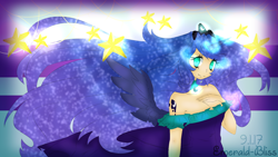 Size: 1920x1080 | Tagged: safe, artist:emerald-bliss, artist:xkittyblue, princess luna, human, clothes, dress, humanized, solo, winged humanization, wings