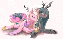 Size: 1920x1200 | Tagged: safe, artist:phoenixperegrine, princess cadance, queen chrysalis, alicorn, changeling, changeling queen, pony, blushing, cadalis, cute, cutealis, eyes closed, female, heart, intertwined tails, lesbian, mare, prone, shipping, sleeping, smiling, zzz