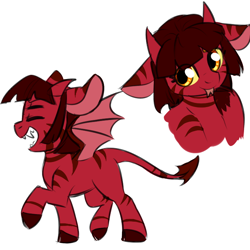 Size: 750x750 | Tagged: safe, artist:cosmalumi, oc, oc only, oc:calamity, bat wings, devil pony, four eyes, simple background, smiling, solo, tongue out