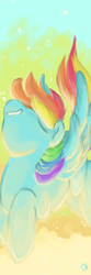 Size: 400x1200 | Tagged: safe, artist:outcastermine, rainbow dash, pegasus, pony, blue coat, female, flying, glow, mare, multicolored mane, solo