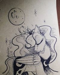 Size: 480x600 | Tagged: safe, artist:mychelle, princess luna, alicorn, pony, inktober, magic, monochrome, moon work, solo, traditional art