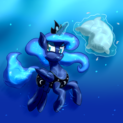 Size: 1200x1200 | Tagged: safe, artist:amidkor, princess luna, alicorn, pony, clothes, one-piece swimsuit, pillow, pillow fight, swimming, swimsuit, underwater, water