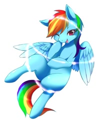 Size: 500x632 | Tagged: safe, artist:pika, rainbow dash, pegasus, pony, female, flying, looking at you, mare, missing cutie mark, one eye closed, open mouth, pixiv, simple background, solo, spread wings, white background, wings