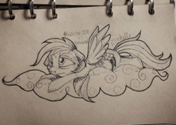 Size: 600x426 | Tagged: safe, artist:mychelle, rainbow dash, pegasus, pony, cloud, inktober, monochrome, prone, solo, traditional art