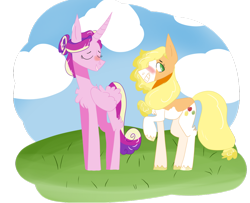 Size: 1024x830 | Tagged: safe, artist:icelandicgirafarig, applejack, princess cadance, alicorn, earth pony, pony, appledance, female, lesbian, shipping, simple background, transparent background, unshorn fetlocks