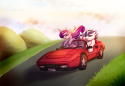 Size: 1163x800 | Tagged: safe, artist:cabbage-arts, princess cadance, princess flurry heart, shining armor, alicorn, pony, unicorn, car, cute, driving, female, ferrari, ferrari 308, male, mare, royal family, stallion