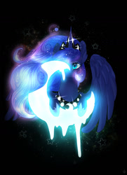 Size: 1024x1412 | Tagged: safe, artist:crystalleye, princess luna, alicorn, pony, :<, black background, crescent moon, cute, female, leaning, mare, melting, moon, simple background, solo, spread wings, starry mane, stars, tangible heavenly object, wings