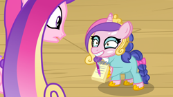 Size: 1920x1080 | Tagged: safe, screencap, princess cadance, pony, once upon a zeppelin, adoracreepy, autograph, bow, cadance mask, clothes, cosplay, costume, creepy, cute, female, filly, hoof hold, horseshoes, mask, scribble pad, smiling, tail bow