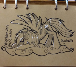 Size: 600x533 | Tagged: safe, artist:mychelle, rainbow dash, pegasus, pony, cloud, inktober, monochrome, solo, stretching, traditional art