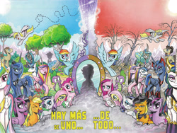 Size: 1976x1484 | Tagged: safe, artist:andypriceart, edit, idw, angel bunny, applejack, derpy hooves, doctor whooves, fluttershy, king sombra, observer (character), pinkie pie, princess cadance, princess celestia, princess luna, queen chrysalis, rainbow dash, rarity, reversalis, shining armor, spike, twilight sparkle, twilight sparkle (alicorn), alicorn, changeling, changeling queen, dragon, earth pony, flutter pony, pegasus, pony, unicorn, alternate universe, andy you magnificent bastard, bright eyes (mirror universe), collage, comic, cover, dark mirror universe, duality, english, equestria-3, evil applejack, evil cadance, evil celestia, evil counterpart, evil fluttershy, evil luna, evil rainbow dash, evil rarity, evil sisters, evil spike, evil twilight, female, fourth doctor, glasses, good king sombra, looking at you, mane seven, mane six, mare, mirror universe, multiverse, my little pony logo, one eye closed, pinkamena diane pie, spanish, text edit, textless version, there is more than one of everything, wall of tags, wink