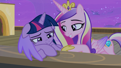 Size: 1920x1080 | Tagged: safe, screencap, princess cadance, twilight sparkle, twilight sparkle (alicorn), alicorn, pony, once upon a zeppelin, airship, floppy ears, hug, winghug, zeppelin