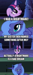 Size: 317x707 | Tagged: safe, edit, edited screencap, screencap, princess luna, twilight sparkle, alicorn, pony, unicorn, friendship is magic, castle of the royal pony sisters, frown, humor, image macro, jewelry, meme, open mouth, regalia, s1 luna, sad, text