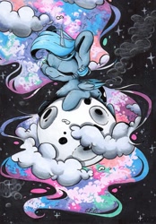 Size: 859x1236 | Tagged: safe, artist:cutepencilcase, princess luna, alicorn, pony, chibi, eyes closed, female, full moon, mare, moon, smiling, solo, tangible heavenly object, traditional art