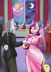 Size: 1447x2047 | Tagged: safe, artist:mik3thestrange, princess cadance, shining armor, oc, alicorn, anthro, bat pony, unicorn, zebra, alcohol, anthro oc, arm behind back, bat pony oc, bedroom eyes, big breasts, breasts, canon x oc, cleavage, clothes, commission, dress, eating, evening gloves, female, glass, gloves, hand behind back, lidded eyes, long gloves, male, open mouth, princess cansdance, smiling, suit, table, talking, uniform, wine, wine glass, zebra oc