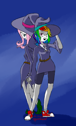 Size: 1605x2658 | Tagged: safe, artist:eggsammich, fluttershy, rainbow dash, belt, clothes, compression shorts, converse, dress, duo, hat, holding hands, humanized, little witch academia, shoes, shorts, skirt, witch, witch hat