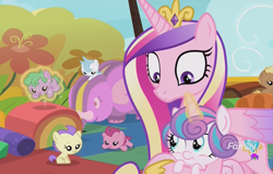 Size: 1105x706 | Tagged: safe, screencap, cloudy winds, cotton chip, cranberry pit, cream puff, grape stem, princess cadance, princess flurry heart, alicorn, pony, once upon a zeppelin, babies, baby, baby ponies, baby pony, daughter, female, foal, levitation, magic, mother, mother and child, mother and daughter, parent and child, telekinesis