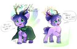 Size: 1100x709 | Tagged: safe, artist:cosmalumi, oc, oc only, oc:winding path, pony, branches for antlers, cloak, clothes, cloven hooves, fairy, fairy wings, magic, raised hoof, simple background, solo, speech bubble, white background