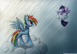 Size: 1061x753 | Tagged: safe, artist:vulpessentia, rainbow dash, twilight sparkle, twilight sparkle (alicorn), alicorn, pegasus, pony, cloud, duo, female, mare, on a cloud