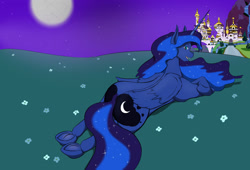 Size: 1500x1019 | Tagged: safe, artist:sailoranna, princess luna, alicorn, pony, canterlot, looking back, moonbutt, night, plot, prone, solo, underhoof