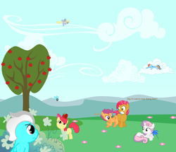 Size: 1510x1300 | Tagged: safe, apple bloom, babs seed, derpy hooves, rainbow dash, scootaloo, sweetie belle, oc, parasprite, pegasus, pony, colt, cutie mark crusaders, filly, male, poison joke