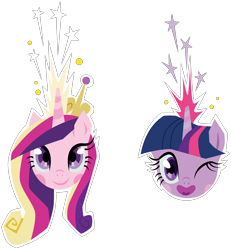 Size: 4096x4430 | Tagged: safe, artist:amarthgul, princess cadance, twilight sparkle, twilight sparkle (alicorn), alicorn, pony, absurd resolution, magic, one eye closed, simple background, transparent background, vector, wink