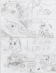 Size: 2552x3284 | Tagged: safe, derpibooru import, princess celestia, twilight sparkle, alicorn, pony, chess, comic, dialogue, facial hair, monochrome, rose, sitting, sketch, sunglasses