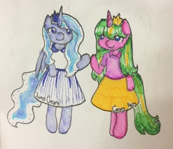 Size: 2339x2014 | Tagged: safe, artist:creamyfairy, princess luna, oc, oc:sparkle fairy, anthro, unguligrade anthro, unicorn, anthro oc, clothes, dress, traditional art, watercolor painting